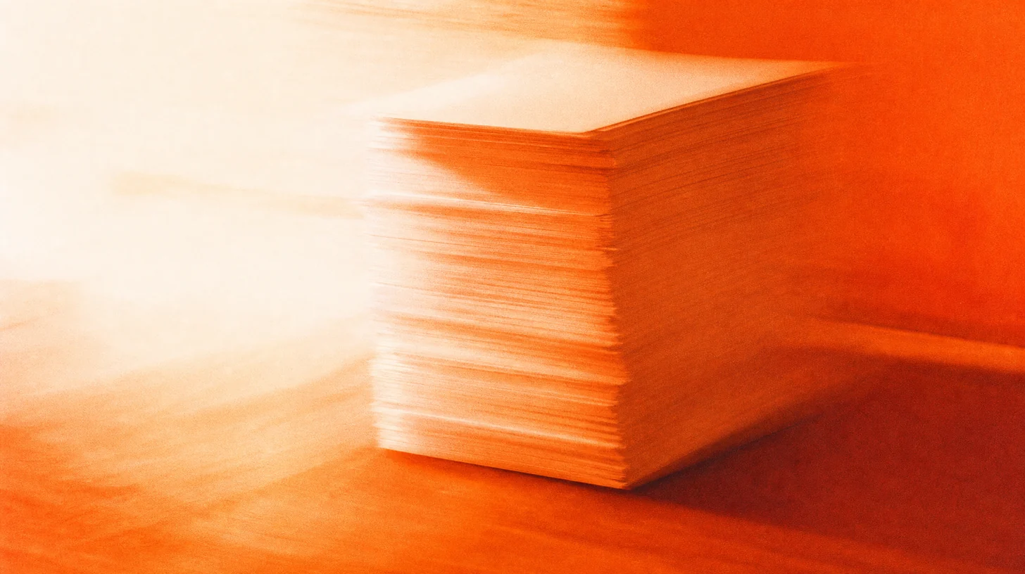 Photographie filée : une pile de feuilles de papier sur un bureau, étirée par le mouvement