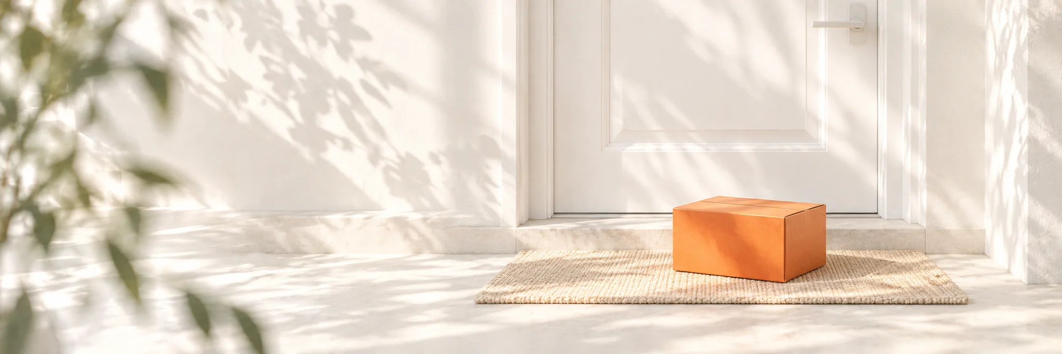 Un colis orange devant la porte d’un client