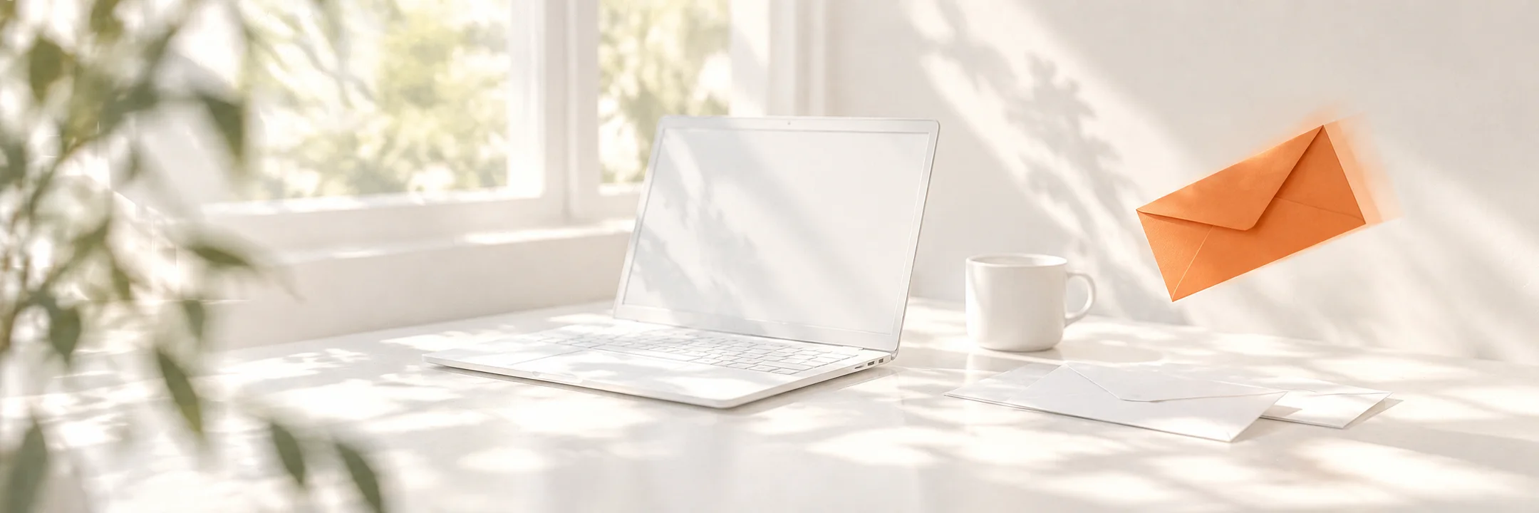 Un ordinateur sur un bureau lumineux, une enveloppe orange qui s’envole