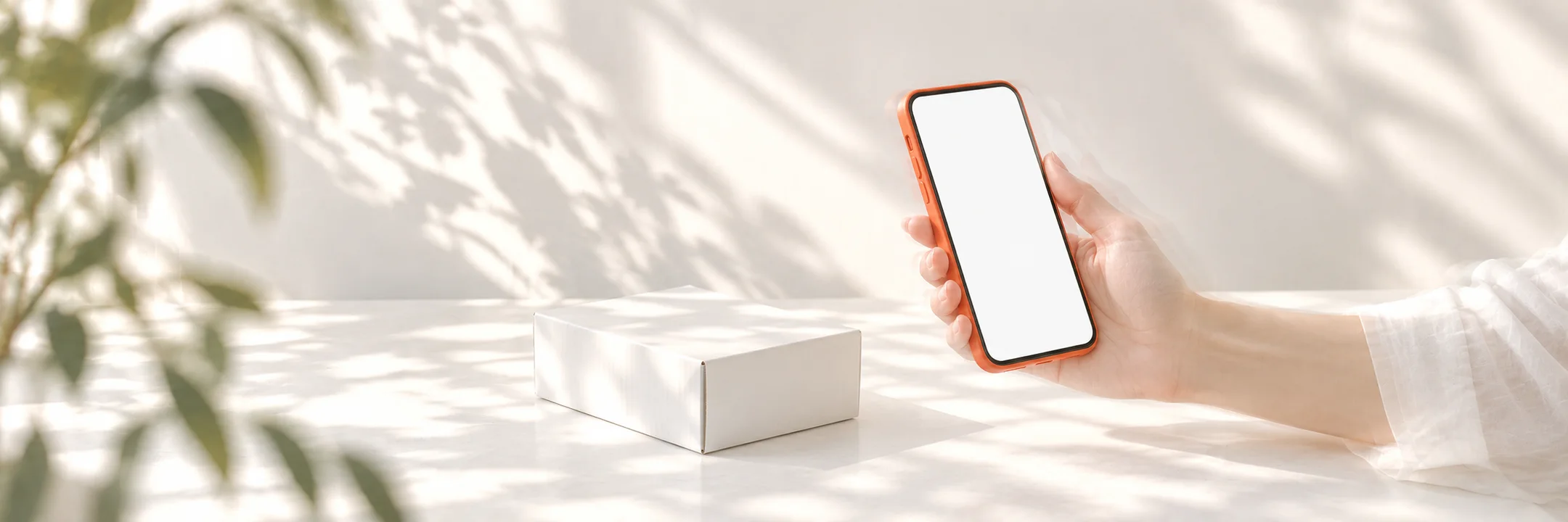 Une main tient un téléphone orange au-dessus d’un colis
