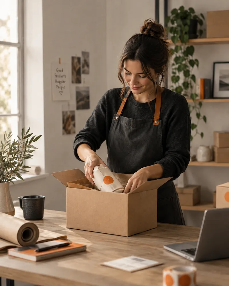 Une e-commerçante prépare une commande dans son atelier